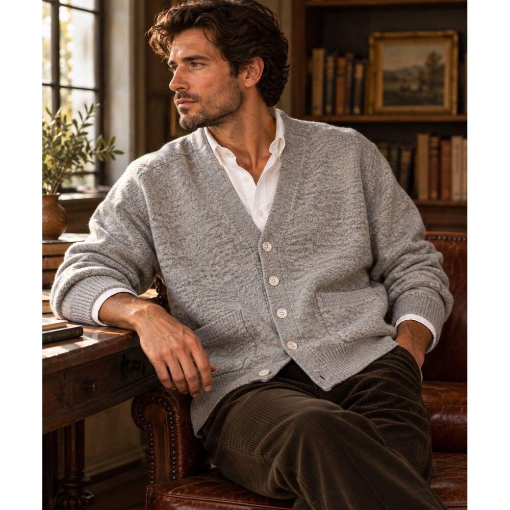 Men’s Vintage AntarTex 100% Lambswool Cardigan Sweater Gray Button Front Pockets